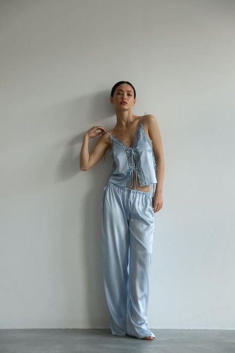 Blue pure silk pajama set with lace details  and pants Silk women pajama set Bridesmaid gi Old Hollywood Pajamas, Cute Pajamas Silk, Satin Pajama Party, Satin Lounge Wear Aesthetic, Pajama Set Silk, Elegant Pajamas Classy, Cute Womens Pajama Sets, Light Blue Silk Pajamas, Winter Pajamas Women Cozy