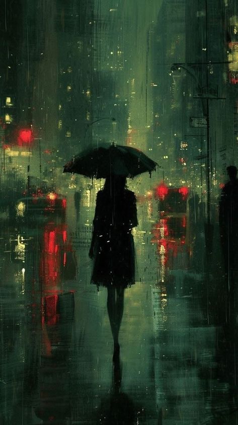 Rain Art Aesthetic, Mysterious Aesthetic, Mysterious Character, Foggy Landscape, Rainy Wallpaper, Rain Aesthetic, Rain Painting, Rain Art, City Painting