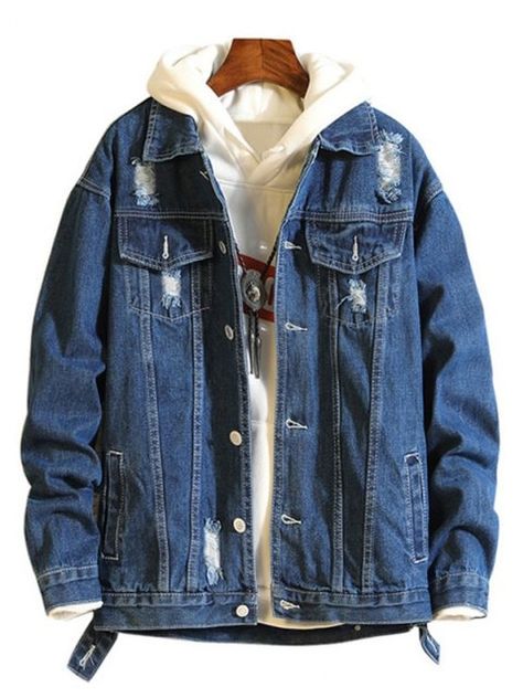 [46% OFF] 2020 Casual Destroy Wash Ripped Denim Jacket In DENIM DARK BLUE | ZAFUL .. Denim Jacket Men Outfit, Ripped Denim Jacket, Ripped Jeans Casual, Mens Outwear, Money Clothes, Outfit Vintage, Mens Winter Coat, Distressed Denim Jacket, Black Denim Jacket