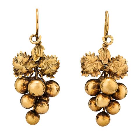 Victorian Drop Grape Vine Gold Earrings. | 1stdibs.com Natural Material Jewelry, Victorian Accessories, Grape Earrings, Country Magazine, Fox Jewelry, Fruit Jewelry, Greenwich Ct, Style Travel, Town Country