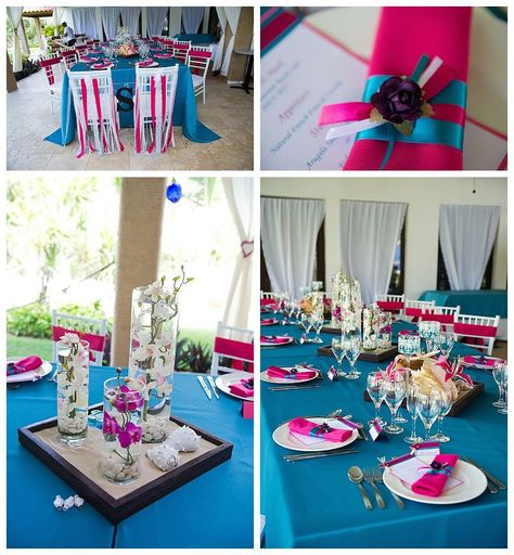 Turquoise and pink wedding decoration. Kukua Beach Club Punta Cana Turquoise And Pink Wedding, Beach Wedding Flowers Bouquet, Beach Wedding Reception Decor, Linen Inspiration, Wedding Reception Decor Ideas, Reception Decor Ideas, Fuschia Wedding, Beach Wedding Groomsmen, Beach Wedding Aisles