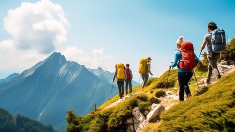 Embark on an adventurous journey with a group of people as they hike through the majestic mountains. With each step, they immerse themselves in the breathtaking beauty of nature, surrounded by towering peaks and lush landscapes. Laughter and camaraderie fill the air as they conquer challenging trails, share stories, and create unforgettable memories. This exhilarating scene captures the spirit of exploration, friendship, and the awe-inspiring wonders of the mountains. Mountain Hiking Photography, Hiking Images, People Hiking, Hiking With Friends, Mountain Landscape Photography, Mountain Images, Hiking Photography, A Group Of People, Majestic Mountains