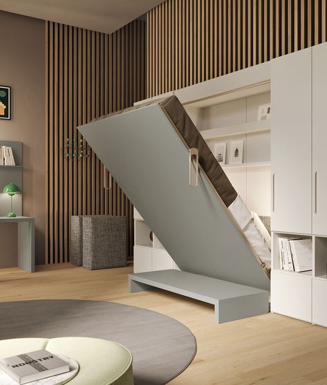 Studio apartment furniture set IM22_06 | CLEVER Bed Hidden In Wall, Studio With Murphy Bed, Morphy Bed, Murphy Bed Yoga Room, Bed Murphy, Murphy Bed Studio Apartment, Murphy Bed Music Room, Studio Apartment With Murphy Bed, Drop Down Bed