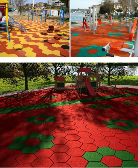 Hexagon rubber tiles floorings for playground, walkway, outdoor. It's extremely anti-slip and purely made from recycled rubber. Upgrade your floor today! Playground Flooring Outdoor, Rubber Tiles Playground, Playground Surface, Rubber Floor Tiles, Playground Flooring, Rubber Tiles, Floor Texture, Tile Manufacturers, Rubber Flooring