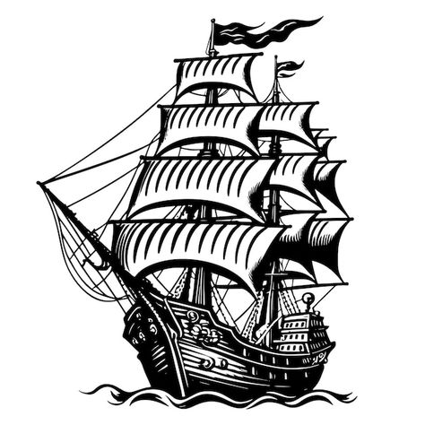 Vector retro sailing ship sailing on wav... | Premium Vector #Freepik #vector #old-ship #sailing-ship #ship-drawing #pirate-ship Ghost Ship Drawing, Pirates Ship Drawing, Old Ship Drawing, Drawing Pirate, Pirate Vector, Ink Reference, Pirate Ship Drawing, Ship Video, Drunken Sailor