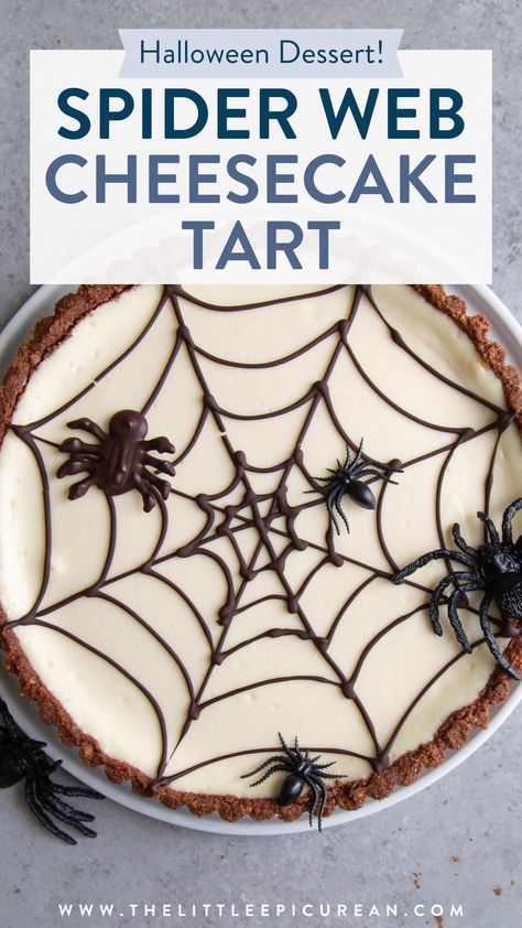 cheesecake tart with a chocolate spiderweb drawn on it Halloween Themed Dessert, Halloween Cheesecake, Halloween Themed Desserts, Cheesecake Tart, Chocolate Spiders, Cheesecake Tarts, Almond Crusted, Tart Shells, Special Desserts