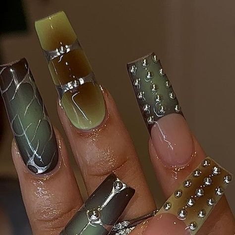 Nice Acrylic Nails Design, Maximalist Nails Fall, Nail Inspo Trendy 2024 Fall, Fall Maximalist Nails, Funky Square Nails, Brown And Silver Nails, Nails Line Design, Square Design Nails, Low Rider Nails