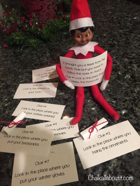 Scavenger Hunt Elf on the shelf style.  Each clue lead to the next with a prize at the end. Elf On The Shelf Clue Hunt, Elf On The Shelf Hide And Seek Riddles, Scavenger Hunt Elf On Shelf, Elf On The Shelf Secret Messages Ideas, Elf On The Shelf Scavenger Hunt For Kids, Elf On The Shelf Scavenger Hunt, Elf Scavenger Hunt, Elf On The Shelf Candy, Candy Cane Scavenger Hunt