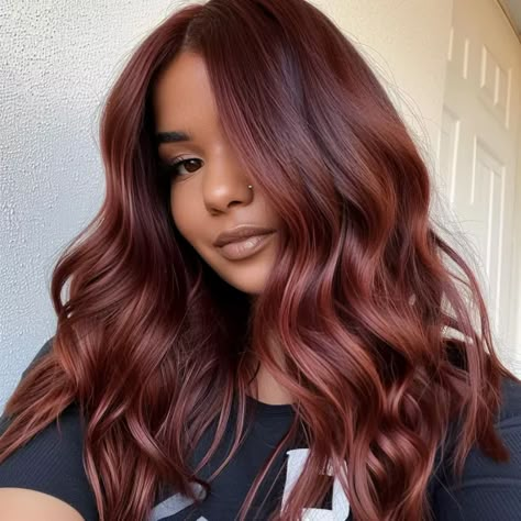 Cherry Auburn Waves Cherry Brown Hair With Highlights, Dark Red With Blonde Highlights, Auburn Hair Formula, Red Hair With Red Highlights, Medium Red Brown Hair, Red Hair For Warm Skin Tones, Red Auburn Hair Color, Reddy Brown Hair, Brown Auburn Hair Color