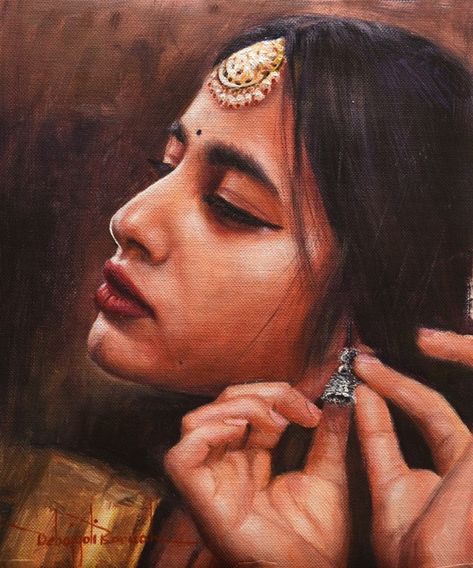 Indian Women Painting Tutorial with Acrylic Colors on Canvas by Debojyoti Boruah Acrylic Painting Portrait Woman Face, Acrylic Painting Canvas Portrait, Creative Composition Painting Ideas, Portrait Painting Reference, Acrylic Painting Reference, Acrylic Portrait Painting Tutorials, Painting Portrait Ideas, Realistic Painting Ideas, Indian Girl Painting