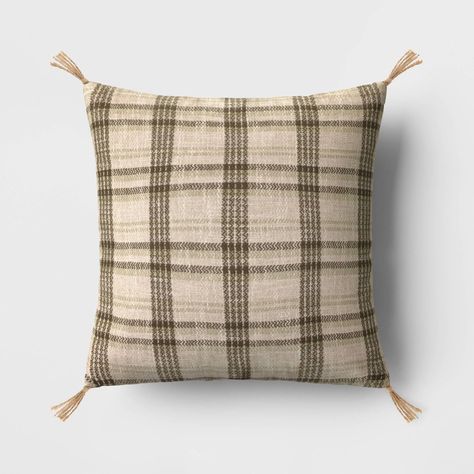 Oversized Cotton Woven Plaid Square Throw Pillow with Tassels Olive Green - Threshold™ | Target Pillow With Tassels, Oversized Pillows, Plaid Throw Pillows, Beautiful Throw Pillows, Green Throw, Quilted Sham, Green Pillows, Cover Style, Velvet Throw