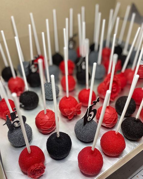 Red And Black Sweets Table, Red White And Black Birthday Party Ideas, Red And Black Candy Bar, Red Black And White Birthday Cake, Red And Black Birthday Theme Sweet 16, Red And Black Cake Pops, Red And Black Desserts, Red And Black Treats, Red And Black 18th Birthday Party