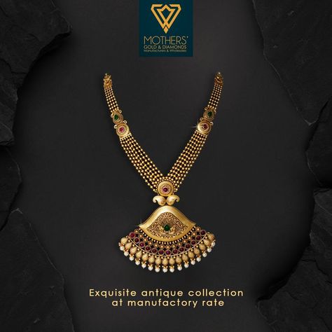 Long Sets Gold Jewellery Antique, Long Sets Gold Jewellery, Antik Jewellery Gold Long Set, Gold Intricate Design Long Necklace, Gold Long Necklace For Puja, Elegant Bridal Necklace In Meenakari Brass, Indian Gold Necklace Designs, Gold Jewels Design, Bridal Necklace Designs