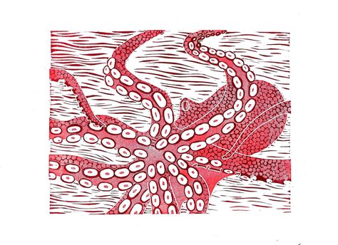 Abstract Octopus Painting, Coral Reef Linocut, Octopussy Poster, Octopus Scientific Illustration, Trippy Octopus Painting, Projects To Try, Abstract Artwork, Art