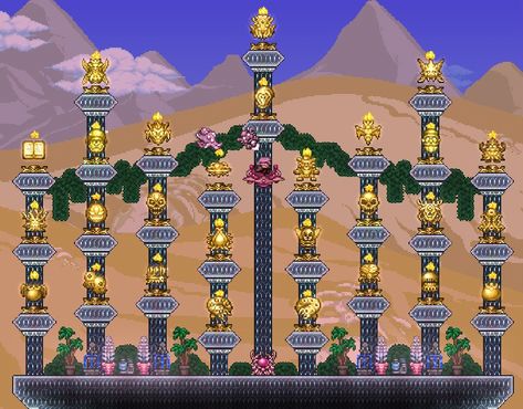 Relic Room Terraria, Terraria Trophy Room Ideas, Terraria Relic Build, Terraria Boss Trophy Room, Trophy Room Terraria, Terraria House Ideas Japanese, Terraria Armor Room, Terraria Custom Vanity Sets, Terraria Relic Room