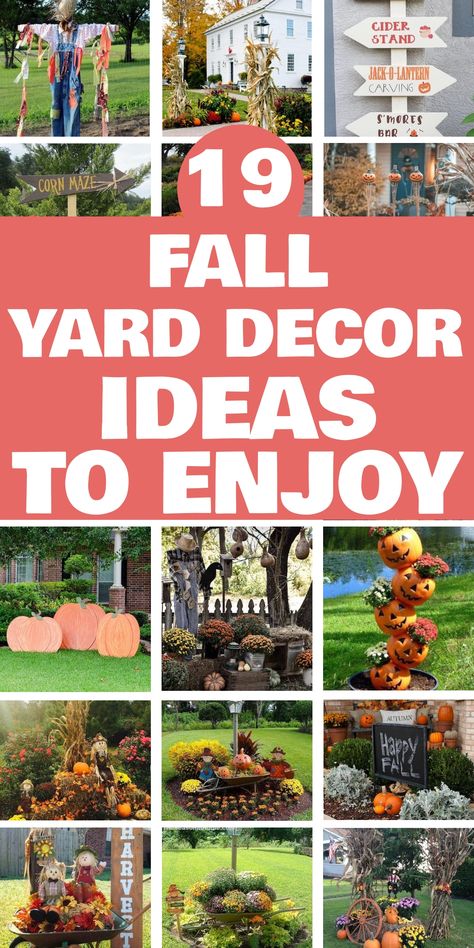 19 creative fall yard decor ideas, including pumpkins, scarecrows, and seasonal signs. Outdoor Fall Yard Decor Ideas, Fall Scenes For Front Yard, Front Lawn Fall Decor Ideas, Fall Yardscapes, Large Fall Displays Outdoor, Fall Landscape Ideas Front Yards, Diy Outside Fall Decorations, Fall Harvest Decorations Outdoor, Back Deck Fall Decorating Ideas