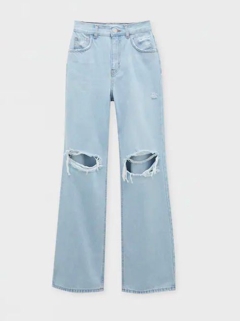 Pull & Bear Flared High-Waist Jeans with Rips on the Knee in Pale BlueFlared high-waist jeans with rip details on the knee, a five-pocket design, belt loops and zip fly and top button fastening. Purchase Worn by Princess Alexia on:30 August 2021 Jeans With Rips In The Knees, Light Blue Ripped Straight Leg Jeans, Ripped Light Blue Denim Bottoms, Light Blue High Waist Ripped Jeans, Light Wash Ripped Full-length Jeans, Light Blue Ripped Jeans, Pale Blue, High Waist Jeans, Khaki Pants