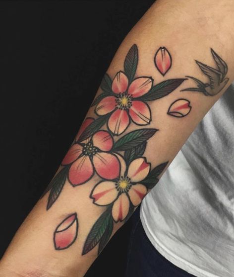 Flower tattoo Small Japanese Flower Tattoo, Neotraditional Cherry Blossom, Traditional Sakura Tattoo, Flower Petal Tattoo, Traditional Cherry Blossom Tattoo, Flower Tattoo Traditional, Apple Blossom Tattoos, Tattoo Cherry, Plumeria Tattoo