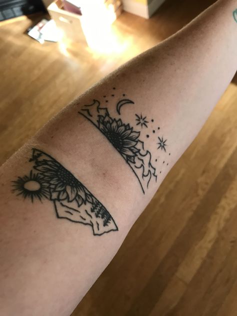 Sunset Cover Up Tattoo, Tattoos Above Elbow, Sun Rays Tattoo, Reflection Tattoo, Ray Tattoo, Twin Tattoos, Sunset Tattoos, Elbow Tattoos, Above Elbow