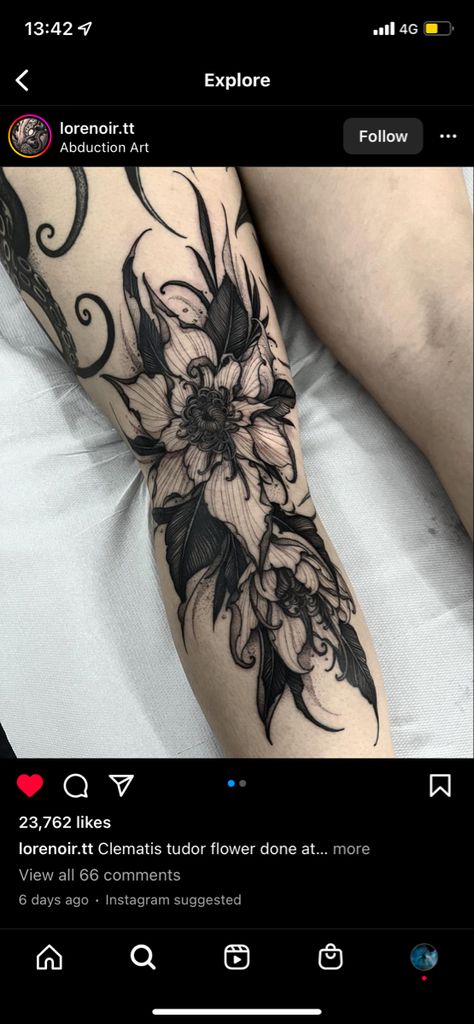 Dark Foliage Tattoo, Dark Tattoo Ideas Female, Greek Underworld Tattoo, Dark Flower Design, Gothic Flower Tattoo Design, Corpse Flower Tattoo, Fairytale Sleeve Tattoo, Gothic Floral Tattoo Sleeve, Goth Flowers Tattoo