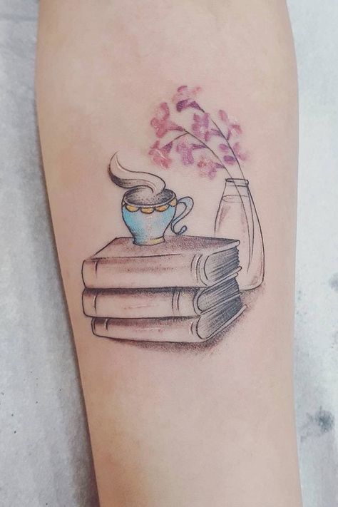 Libros Tattoos For Introverts, Coffee Cup Tattoo, The Wallflower, Cup Tattoo, Bookish Tattoos, Coffee Tattoos, 1 To 100, Inspiration Tattoos, Books Coffee