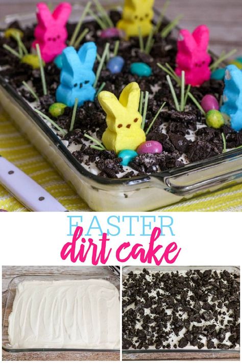 Dirt Cake With Peeps, Dirt Cake Dessert, Easter Dirt Cake Recipe, Easter Oreos, Pudding And Cool Whip, Easter Dirt Cake, Dirt Dessert, Oreo Dirt Cake, Yummy Easter Desserts