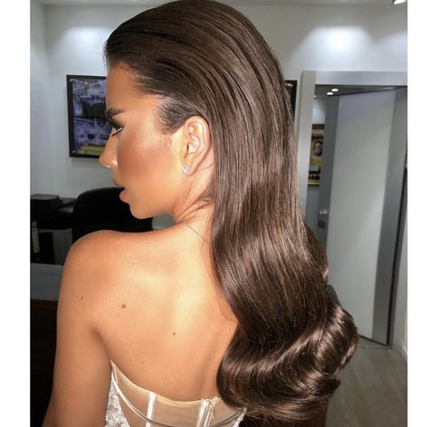 Bride Slicked Back Hair, Slick Back With Loose Curls, Slicked Back Glam Waves, Curled Hair Front Slicked Back, Slick Back Curls, Hairstyles Slick, Curled Hair Slicked Behind Ears Prom, Slicked Back Hair Down, Sleek Formal Hairstyles