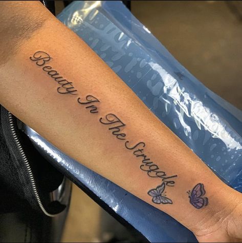 Arm Tats For Women Words, Pretty Forearm Tattoos For Women Words, Side Of Arm Tattoos For Women Quotes, Tattoo Ideas Female Forearm Meaningful, First Tattoo Ideas For Women Forearm, One Word Tattoos Black Women, Word Tattoos Black Women, Arm Tats For Women Quotes, Tattoos Female