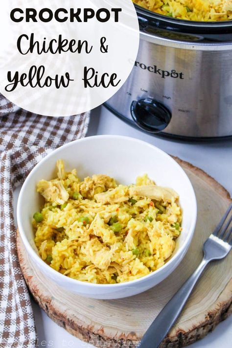 Crockpot chicken and yellow rice is so easy to make and full of so much flavor. All you need is chicken, onion, chicken broth, yellow rice, peas, and salt and pepper to make a meal that is quick and easy and will serve a crowd even on your busiest nights! Chicken And Yellow Rice, Yellow Rice Recipes, Rice Peas, Easy Crockpot Dinners, Easy Rice Recipes, Yellow Rice, Onion Chicken, Perfect Chicken, Best Instant Pot Recipe