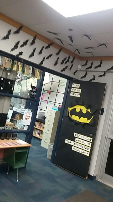 Batman classroom door Batman Classroom, Superhero Classroom Door, Batman Decorations, Classroom Door Decoration Ideas, Superhero Door, Hero Classroom Theme, Superhero Classroom Decorations, Door Decoration Ideas, Batman Decor