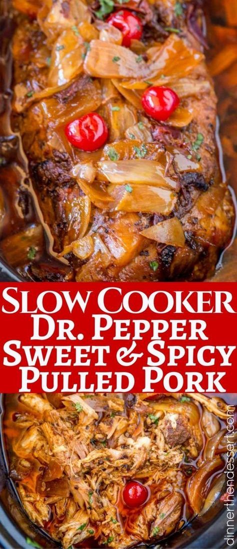 Slow Cooker Dr. Pepper Pulled Pork is sweet and spicy with brown sugar, and sweet with cherries and brown sugar. Crockpot Receipts, Pulled Pork Dinner, Dr Pepper Pulled Pork, Spicy Pulled Pork, Pork Pulled, Pepper Pork, Pork Shoulder Recipes, Quinoa Chili, Pork Dinner