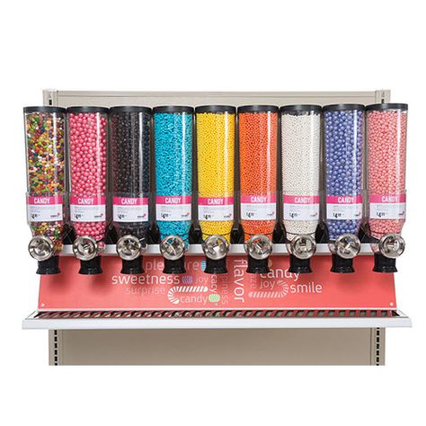 Candy Graphic, Theater Room Decor, Gondola Shelving, Unicorn Room, Food Dispensers, Popular Candy, Yogurt Shop, Candy Display, Cereal Dispenser