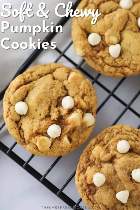 These soft and chewy Pumpkin Cookies with White Chocolate Chips are a fall favorite. They’re loaded with pumpkin flavor and sweet white chocolate chips in every bite. #thecarefreekitchen #pumpkin #fall #baking #pumpkincookies #whitechocolate #dessert Pumpkin Cookies With Cream Cheese Chips, White Chocolate Chip Pumpkin Cookies, Pumpkin Cookies With White Chips, Pumpkin White Chocolate Chip Cookies Healthy, Pumpkin With White Chocolate Chips, White Chocolate Pumpkin Cookies, Pumpkin Cookies With White Chocolate Chips, Pumpkin Snickerdoodle White Chocolate Chip Cookies, Pumpkin Cookies With White Choc Chips