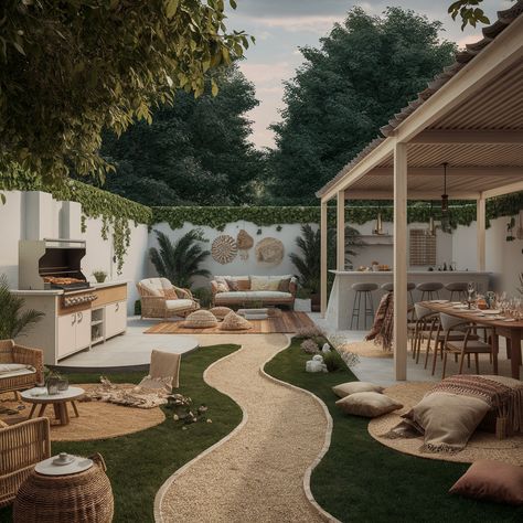 Tulum Backyard Design, Perfect Backyard For Entertaining, Backyard Minimalist Ideas, Japandi Style Exterior, Bali Style Garden Landscape Design, Japandi Backyard Ideas, Tulum Style Backyard, Minimalist Home Design Exterior, Tulum Backyard Ideas