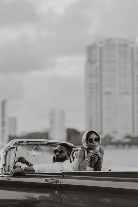 Black Couple Engagement Photoshoot, Black Couple Engagement, Couple Engagement Photoshoot, Engagement Photo Shoot Poses, Retro Engagement Photos, Car Engagement Photos, Classic Car Photoshoot, Vintage Engagement Photos, Engagement Announcement Photos