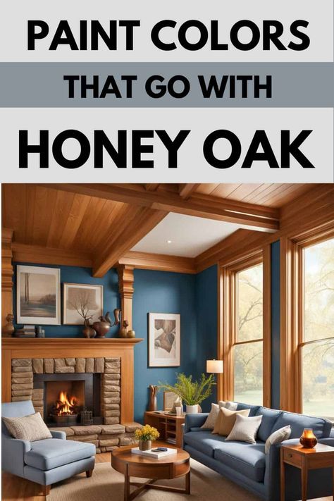 Some of the best paint colors to go with honey oak trim, cabinets, and flooring. #honeyoak #paintcolors #interiordesign #woodcabinets #trim Colors That Go With Light Wood, Honey Oak Bedroom Ideas, Oak Trim Bathroom, Paint Colors To Tone Down Orange Wood, Honey Oak Trim Living Room, Colors That Go With Honey Oak, Paint Colors With Honey Oak Trim, Paint Colors That Go With Honey Oak, Honey Oak Floors