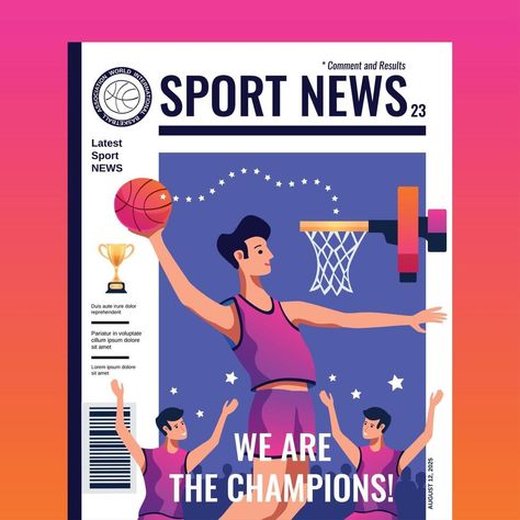 Sport News Magazine Cover Vector Illustration Sports Magazine Covers, Olympic Theme Party, Magazine Cover Layout, Olympic Theme, Magazine Titles, Sport Magazine, Cover Magazine, Sports Magazine, We Are The Champions