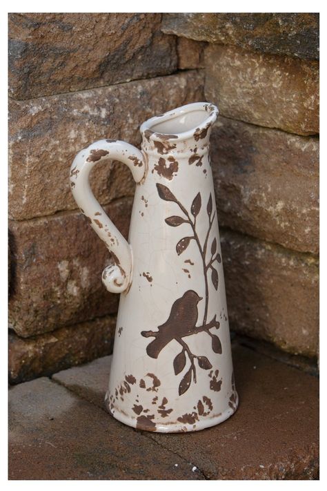 Pottery Carving, Coil Pottery, White Pitcher, Rustic Pottery, Vintage Inspired Decor, Pottery Pitcher, White Pottery, Bird On Branch, Pottery Classes