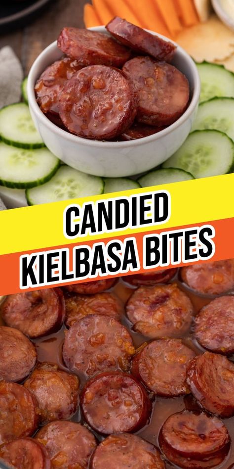 Candied Kielbasa Bites are the ultimate go-to party appetizer with a savory and sweet marmalade glaze. Try them at your next game-day party! Iowa Party Bites Recipe, Bratwurst Appetizer Bites, Brown Sugar Kielbasa Bites, Kilbasa Sausage Recipes Appetizers, Kielbasa Appetizer Recipes, Iowa Party Bites, Meatball Pineapple Smokies, Smoked Sausage Appetizers, Pineapple Smokies