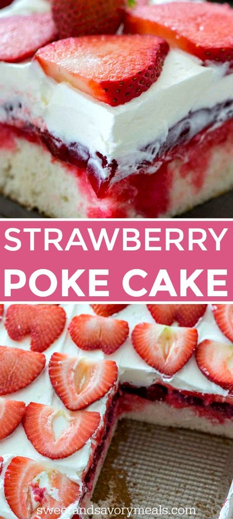 Strawberry Poke Cake is made with white cake, soaked with a mixture of white chocolate strawberry sauce, topped with strawberry pie filling and creamy whipped cream. #pokecake #strawberry #cakerecipes #dessertrecipes #easyrecipe #sweetandsavorymeals Strawberry Poke Cake, Poke Cake Jello, Mousse Au Chocolat Torte, Strawberry Poke Cakes, Smores Dessert, Strawberry Dessert Recipes, Strawberry Cake Recipes, Torte Cupcake, Poke Cake Recipes