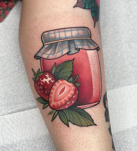 Pink Strawberry Tattoo, Strawberry Jam Drawing, Jelly Jar Tattoo, Canning Tattoo, Strawberry Jam Tattoo, Jam Jar Drawing, Gumball Machine Tattoo, Jam Jar Tattoo, Juice Box Tattoo