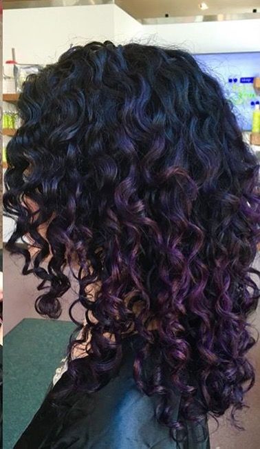 Hair Color On Mixed Women, Curly Black Hair With Purple Highlights, Curly Purple Hair Highlights, Peekaboo Color On Curly Hair, Plum Highlights In Brown Hair, Purple Highlights In Curly Hair, Long Curly Hair Dye Ideas, Brown Curly Hair With Purple Highlights, Black Dyed Hair Ideas