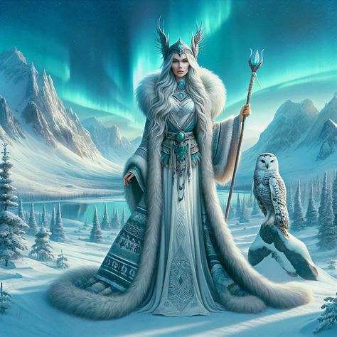 Skadi, Norse Goddess of Winter and Hunting, Digital Art Print, Wall Decor, Snowy Landscape Illustration Scandinavian Fantasy Art, Skadi Goddess, Symbolic Animals, Viking Goddess, Goddess Of Winter, Winter Hunting, Winter Goddess, Ancient Dress, Snow Maiden