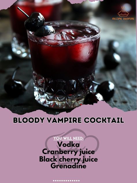 Satisfy your inner vampire with this blood-red cocktail, perfect for Halloween night! 🧛‍♀️💀 #BloodyVampireVibes Bloody Vampire Cocktail Ingredients: Vodka (1 1/2 oz) Cranberry juice (2 oz) Black cherry juice (1 oz) Grenadine (1/2 oz) Ice cubes Black cherries (for garnish) Instructions: Fill a shaker with ice, vodka, cranberry juice, black cherry juice, and grenadine. Shake well and strain into a glass filled with ice. Garnish with black cherries. 🧛‍♂️🍷 This Bloody Vampire Cocktail is dark... Vampire Diaries Cocktails, Vampire Cocktails, Black Cherry Cocktail, Halloween Drinks Alcohol Vampire, Vampire Inspired Drinks, Vampire Themed Cocktails, Cherry Juice Cocktail, Vampire Blood Cocktail Recipe, Black Cherry Juice