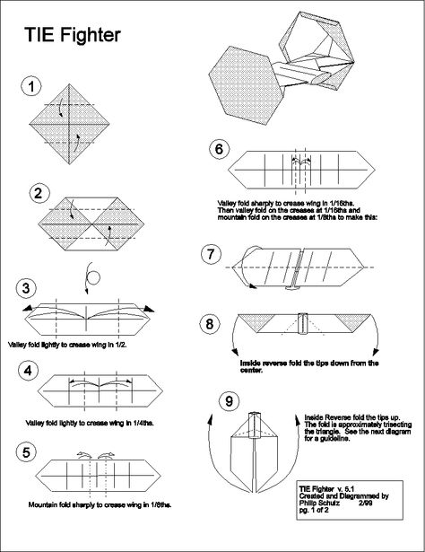 Origami TIE fighter 1 X Wing Origami, Origami Tutorial Ninja Star, Diy Tie Fighter Decoration, Tie Fighter Origami, Origami Tie, Tie Fighter Blueprint, Star Wars Origami, Tie Fighter, Napkin Folding