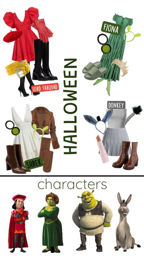 shrek halloween costumes💚 #halloweenseason #slay #groupcomstume Female Lord Farquaad Costume, Gingy Shrek Costume Diy Women, Funny Shrek Costume, Shrek Character Costumes Women, Shrek Trio Costume, Shrek Costumes Women, Shrek Costumes Ideas, Shrek And Lord Farquaad, Shrek Costumes Group