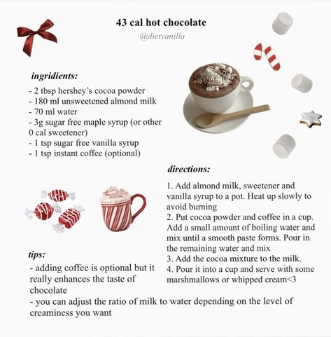 Low Calorie Recipes Tumblr, Sanrio Diets, Low Calorie Recipes Aesthetic, Low Cal Hot Chocolate, Cute Diet Plan Sanrio, Diet Hot Chocolate Recipe, Ãnã Recipes, Skinnylicious Recipes, Low Calorie Meals Aesthetic