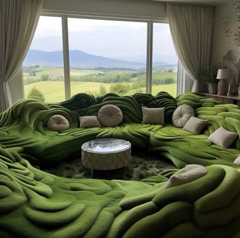 Grass Terrace, Moss Ideas, Groovy Furniture, Nature Furniture, Funky Sofa, Terrace Landscape, Green Couch, Dream Furniture, Future Apartment Decor