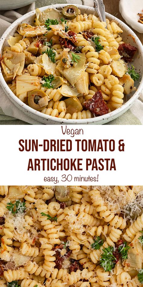 This Vegan Sun-dried Tomato & Artichoke Pasta aka my Vegan Pantry Pasta is truly an easy weeknight dinner recipe to whip up in 30 minutes or less! With sundried tomatoes, marinated artichoke hearts, capers, olives, garlic, & shallots- it's truly a flavorful pasta made with pantry staples. Pantry Pasta, Sun Dried Tomato Pasta, Creamy Vegan Pasta, Kale Pasta, Dairy Free Pasta, Vegan Pantry, Artichoke Pasta, Sundried Tomatoes, Artichoke Recipes