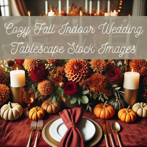 Capture the essence of a cozy fall wedding with our stunning collection of indoor wedding tablescape stock images! Imagine a warm and inviting table draped in rich, rustic linens in deep burgundy or terracotta, perfectly complementing the autumn season. Lush centerpieces of burnt orange dahlias, deep red roses, golden chrysanthemums, and textured greenery are accented with charming pumpkins and gourds. Burgundy Fall Tablescape, Burgundy Thanksgiving Table, Fall Indoor Wedding, Fall Wedding Table Settings, Cozy Fall Wedding, Autumn Tablescapes, Rimmed Plates, Orange Dahlias, Copper Flatware